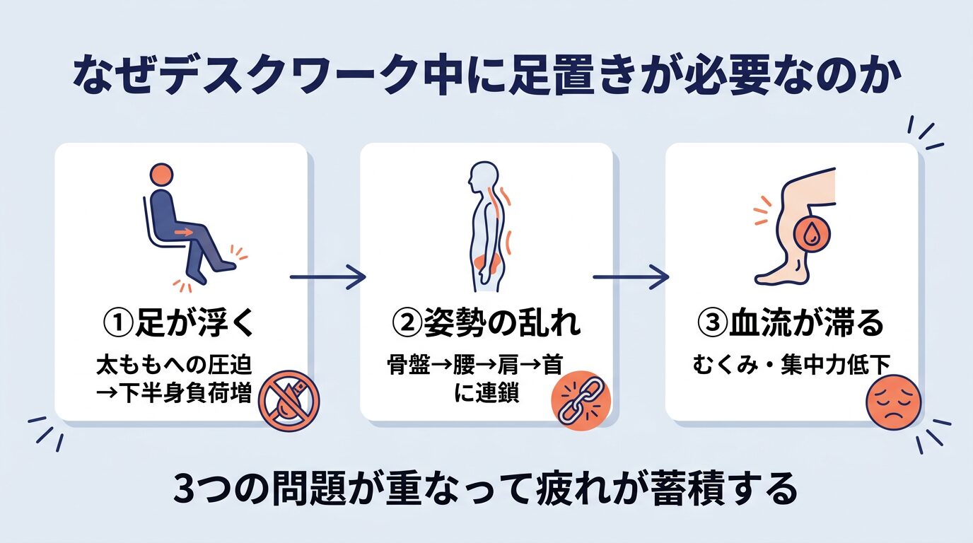 デスクワーク中に足置きが必要な3つの理由|血流・姿勢・むくみの連鎖図解
