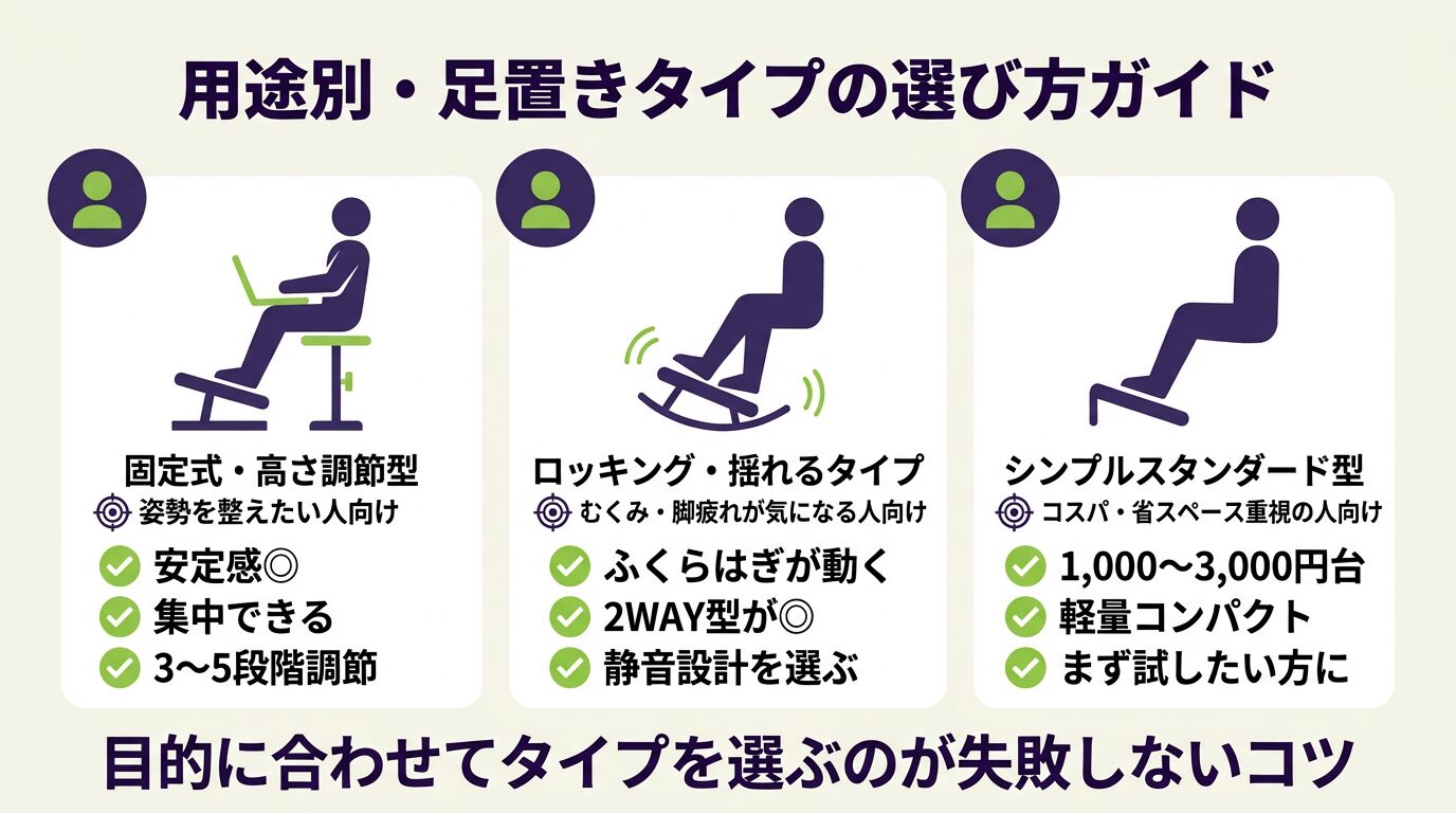 デスクワーク足置きタイプ別ガイド|固定式・ロッキング型・シンプル型の用途比較