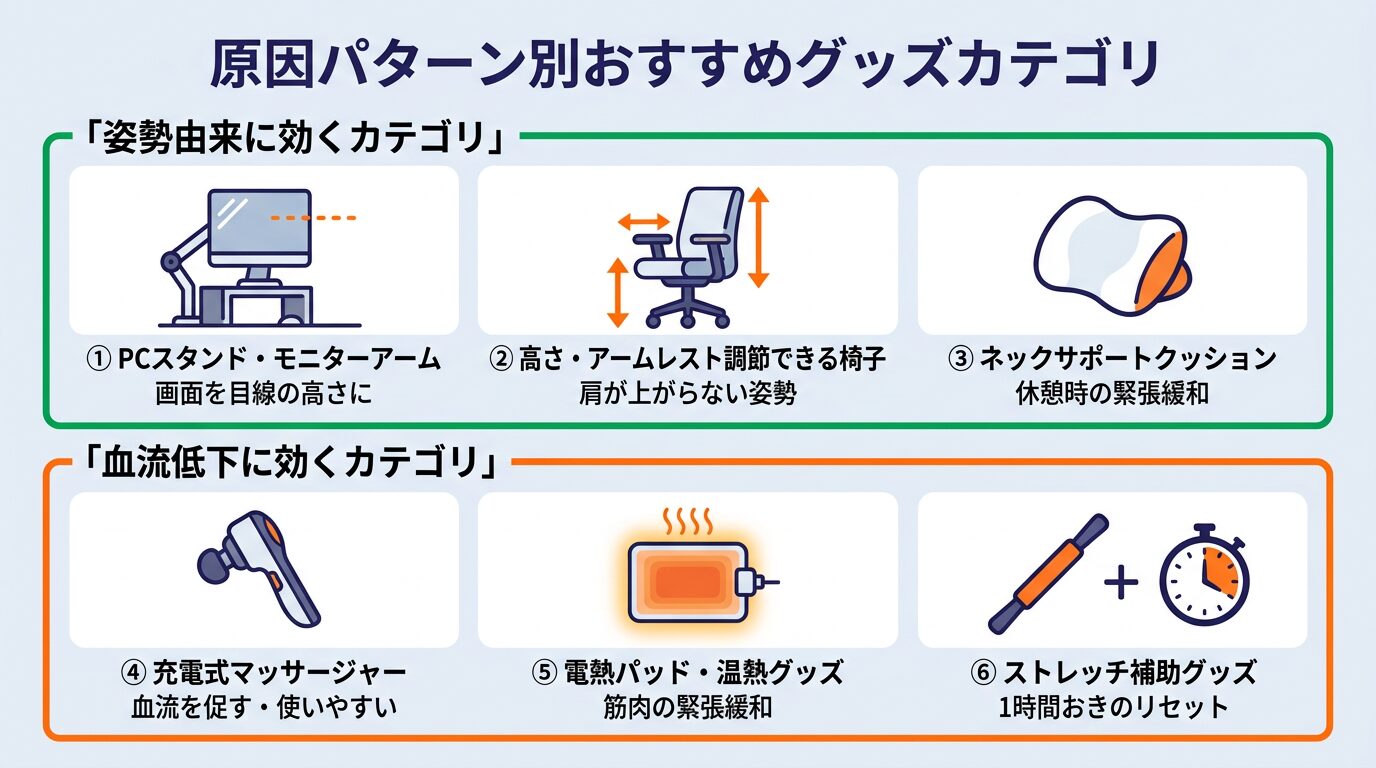 デスクワーク肩こりグッズのカテゴリ別解説—PCスタンド・アームレスト・温熱グッズ・マッサージ