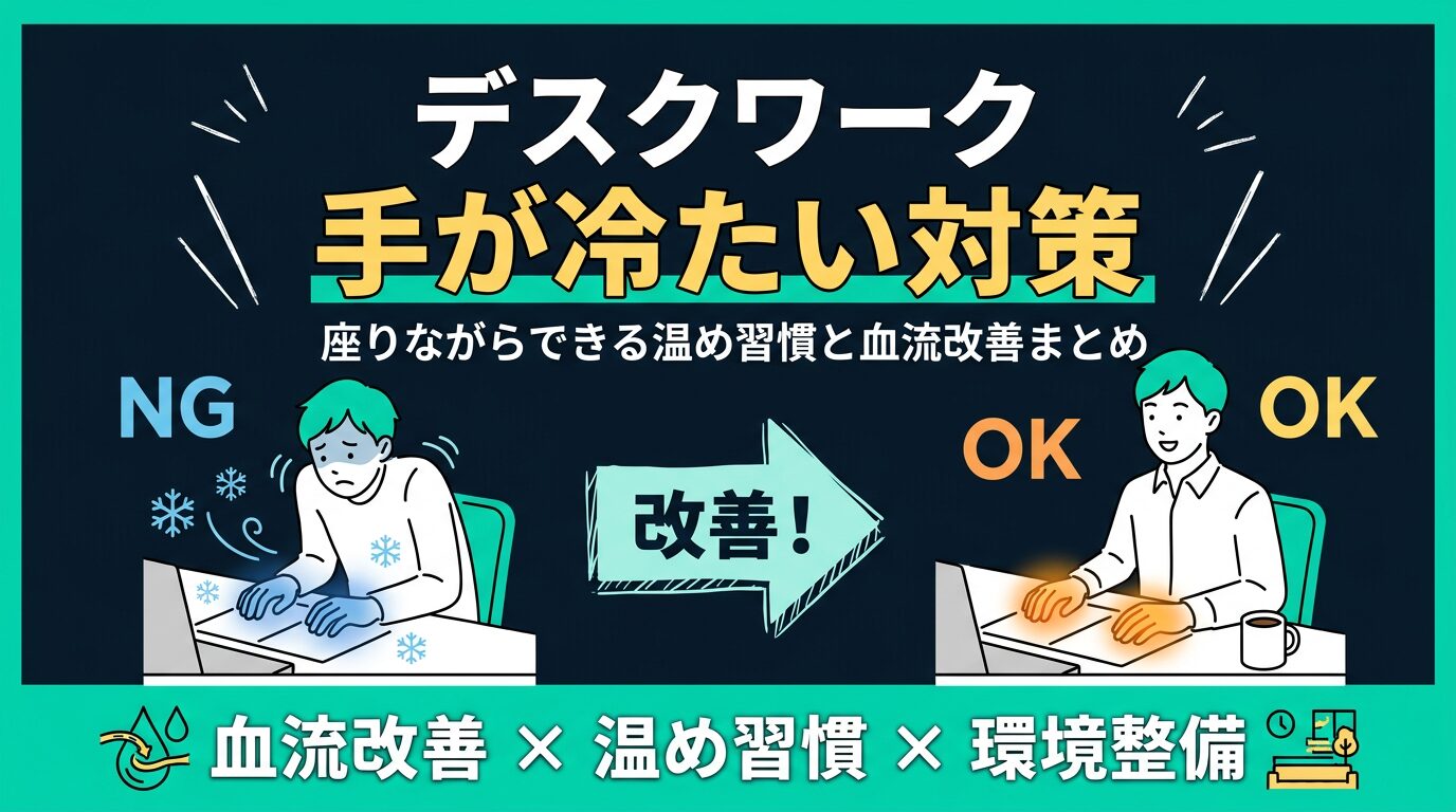 デスクワーク 手が冷たい対策|NG状態とOK状態の比較イラスト・血流改善×温め習慣×環境整備