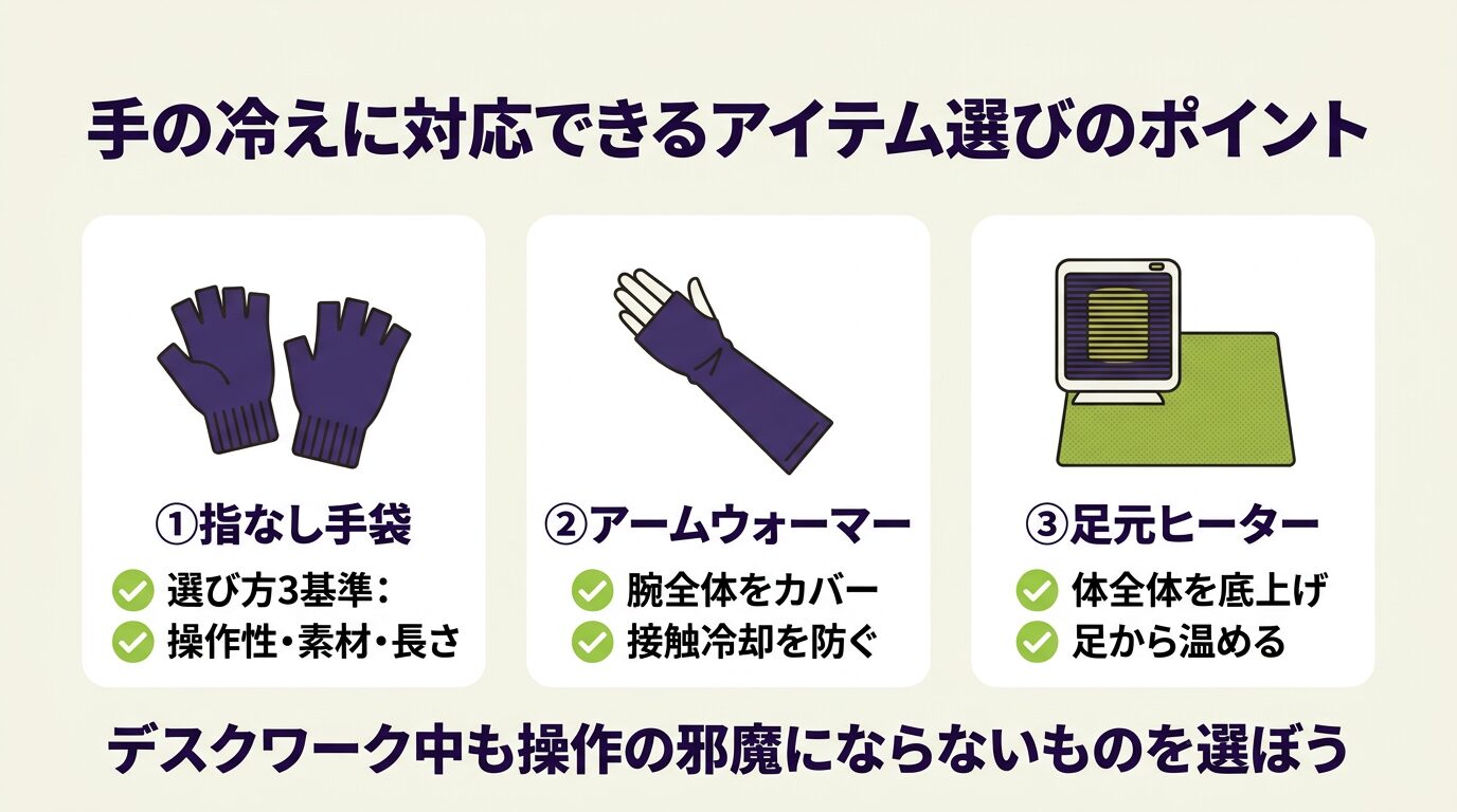 デスクワーク向け手の冷え対策グッズの選び方ガイド|指なし手袋・アームウォーマー・足元ヒーター