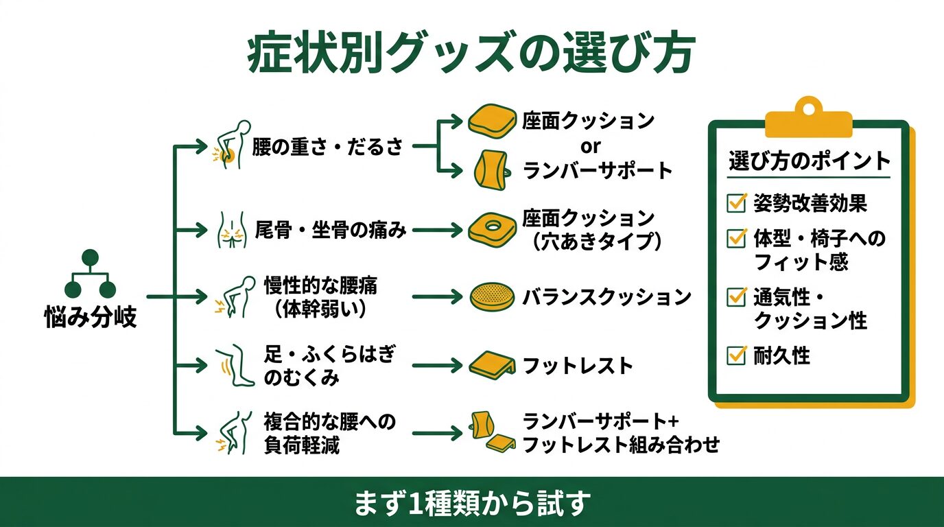 腰痛の症状別グッズ選び方チャート
