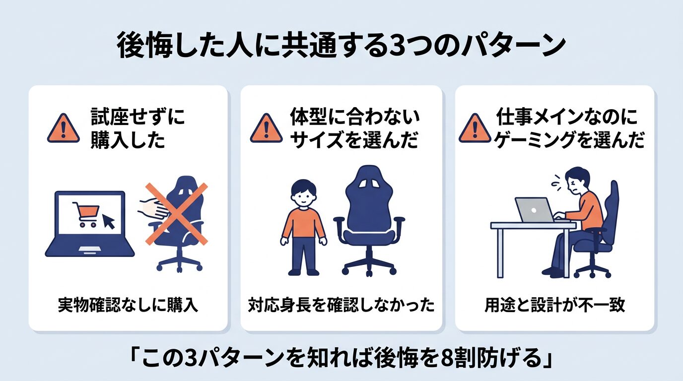 ゲーミングチェア後悔した人のパターン｜試座なし・サイズ未確認・用途不一致