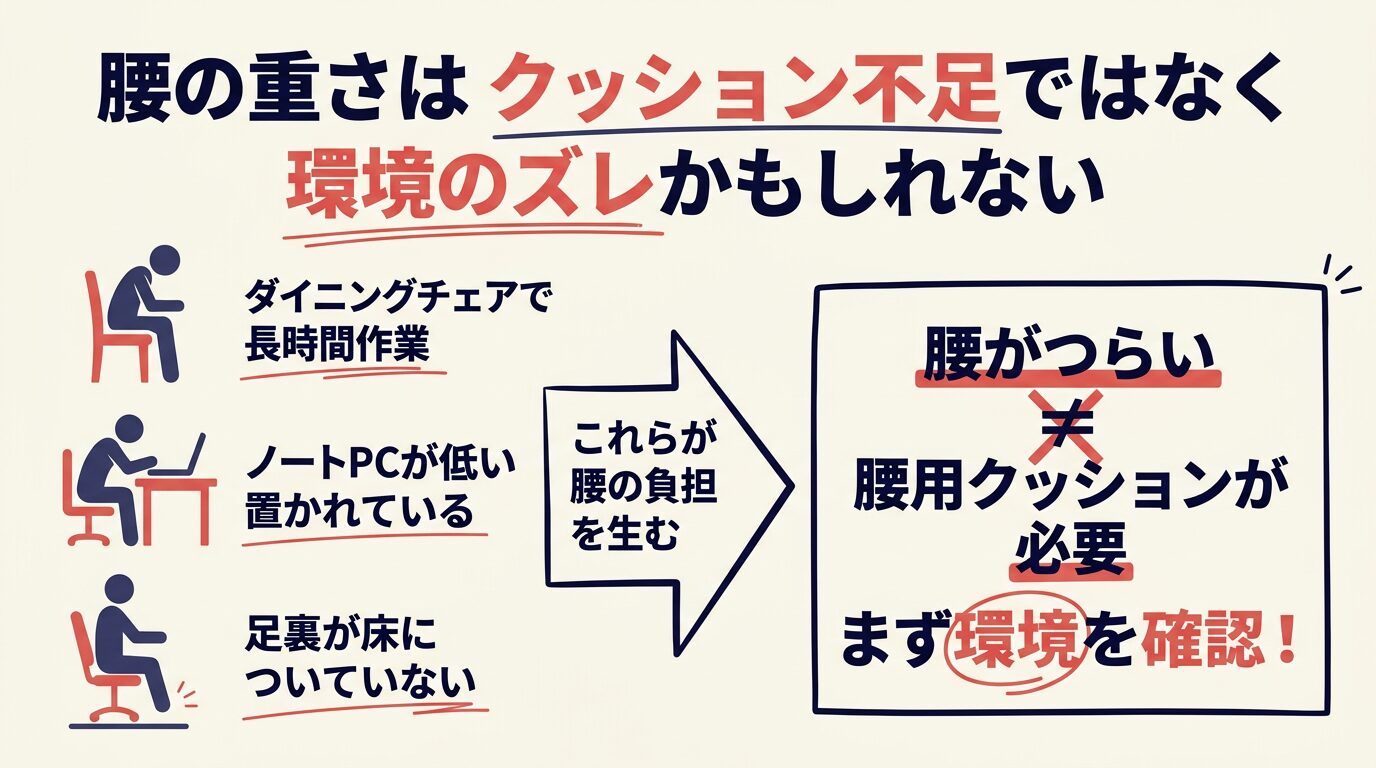 腰の重さはクッション不足でなく作業環境のズレが原因かもしれないことを示す図解