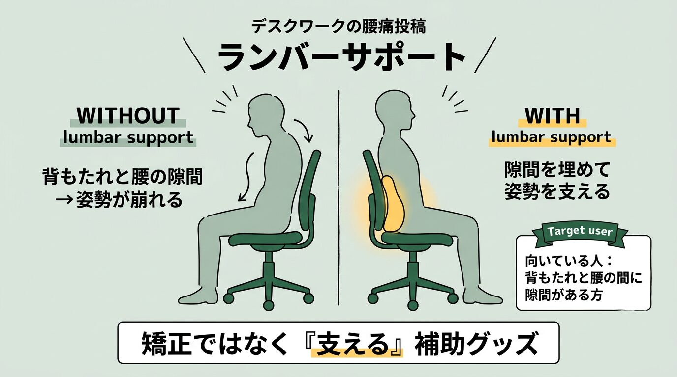 ランバーサポートの使い方|背もたれと腰の隙間を埋めて姿勢を支える補助グッズ解説