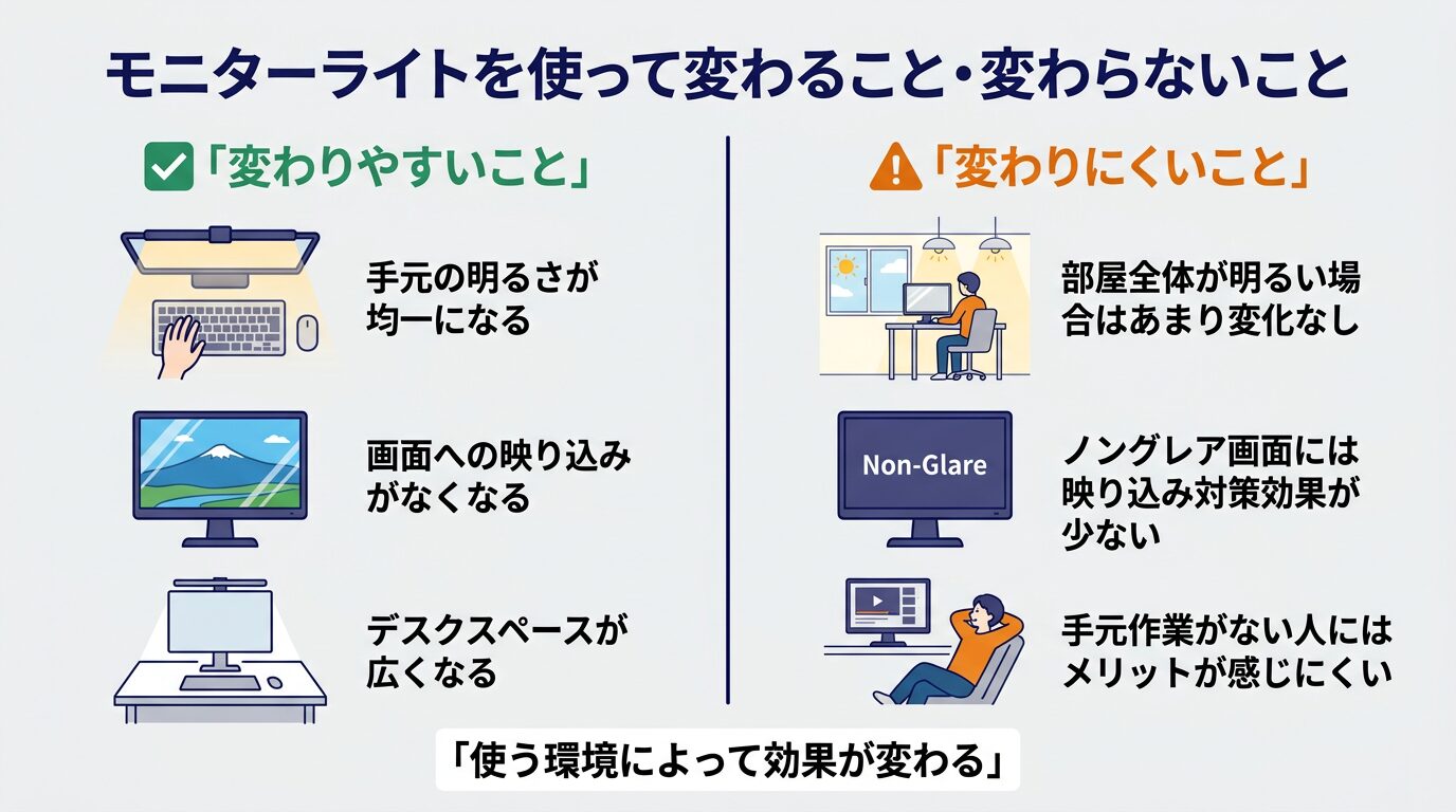 モニターライトを使って変わること—手元照度・画面映り込み・デスクスペース