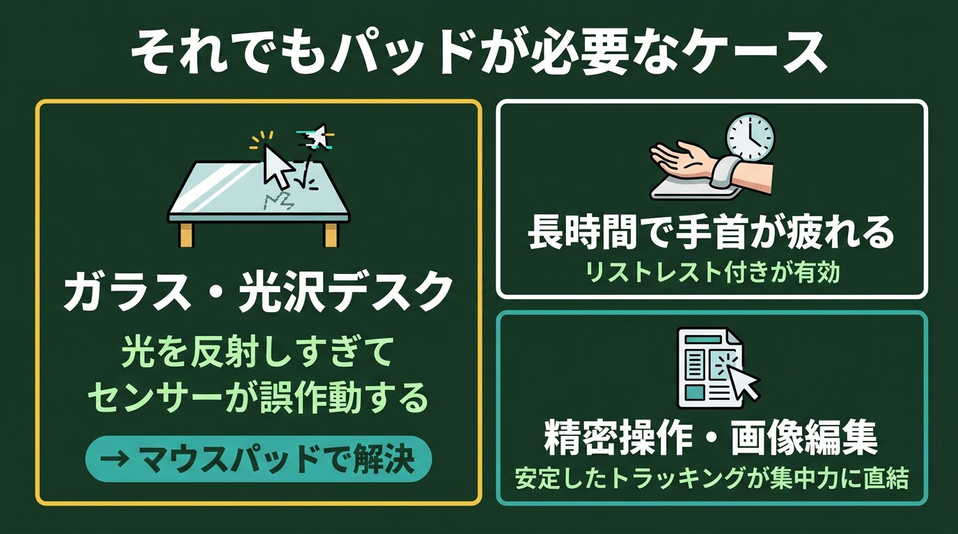 マウスパッドが必要なケース（デスク素材・手首の負担・作業精度の3つの判断軸）