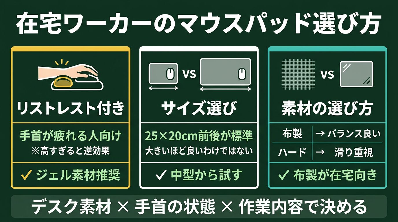 在宅ワーカーのためのマウスパッド選び方（リストレスト・サイズ・素材の比較）