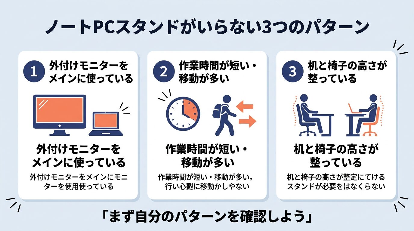 ノートパソコンスタンドいらないパターン｜スタンドが不要になるケース3つを図解