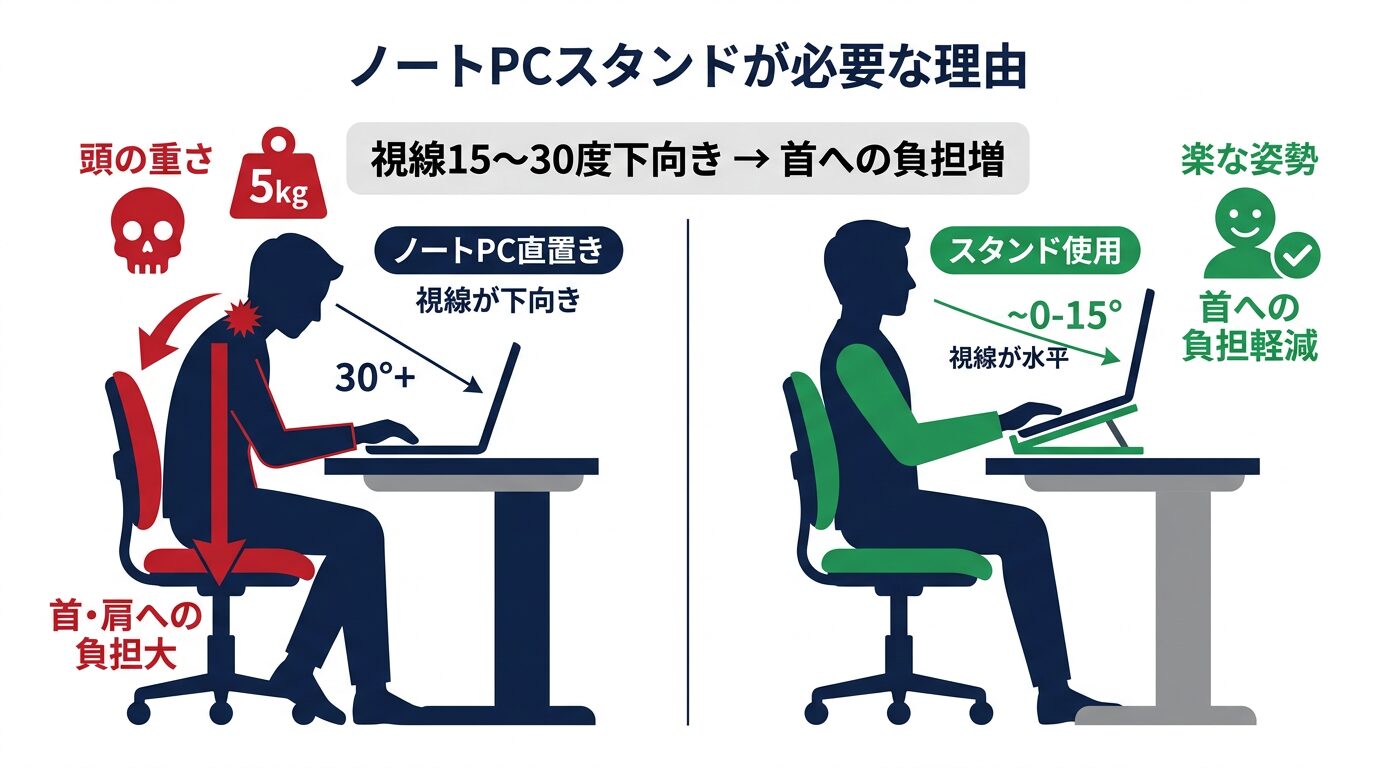 ノートパソコンスタンドが必要な理由｜視線角度と首肩の負担の関係を図解