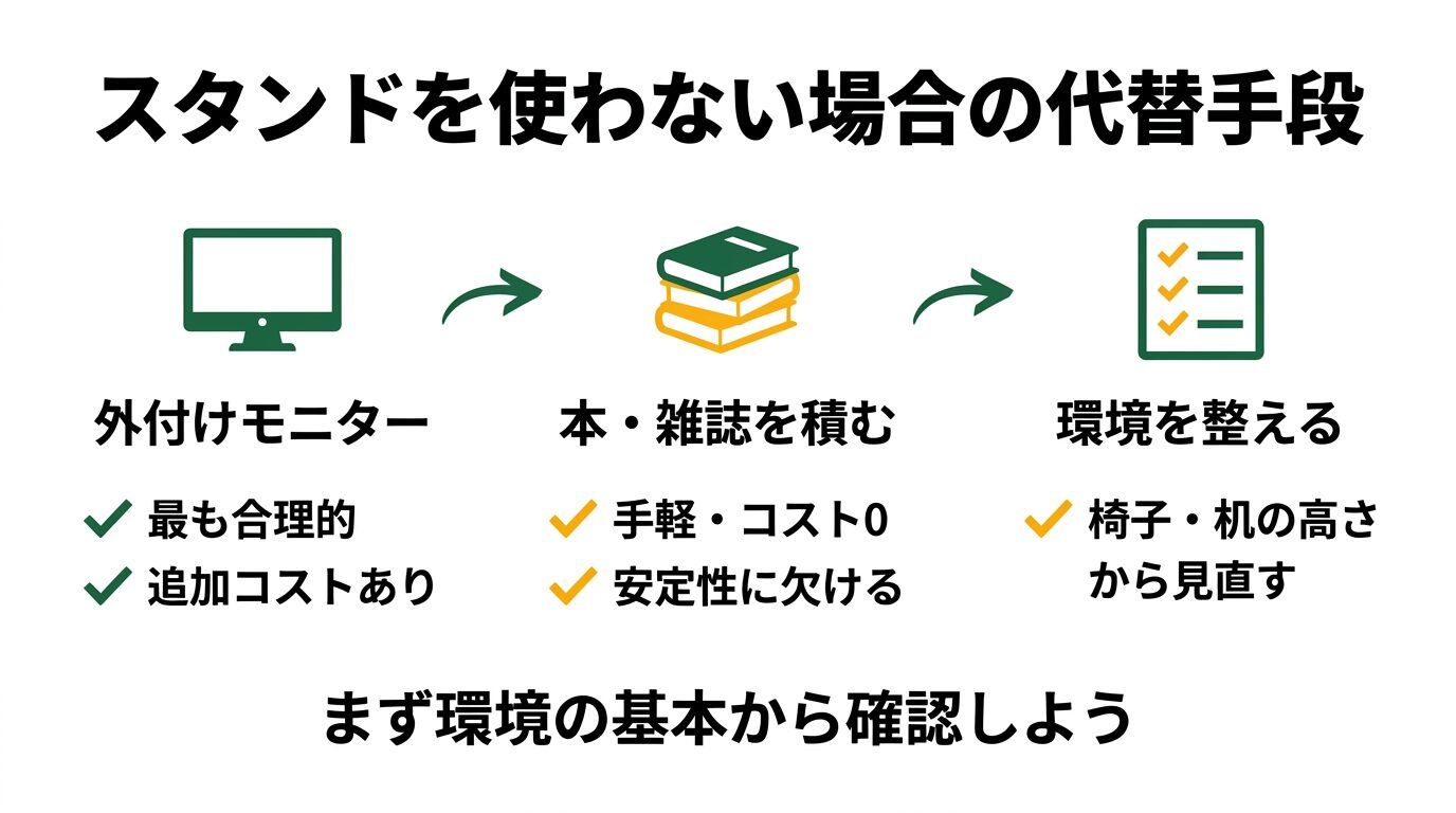 ノートPCスタンドの代替手段｜外付けモニター・本積みの比較と注意点