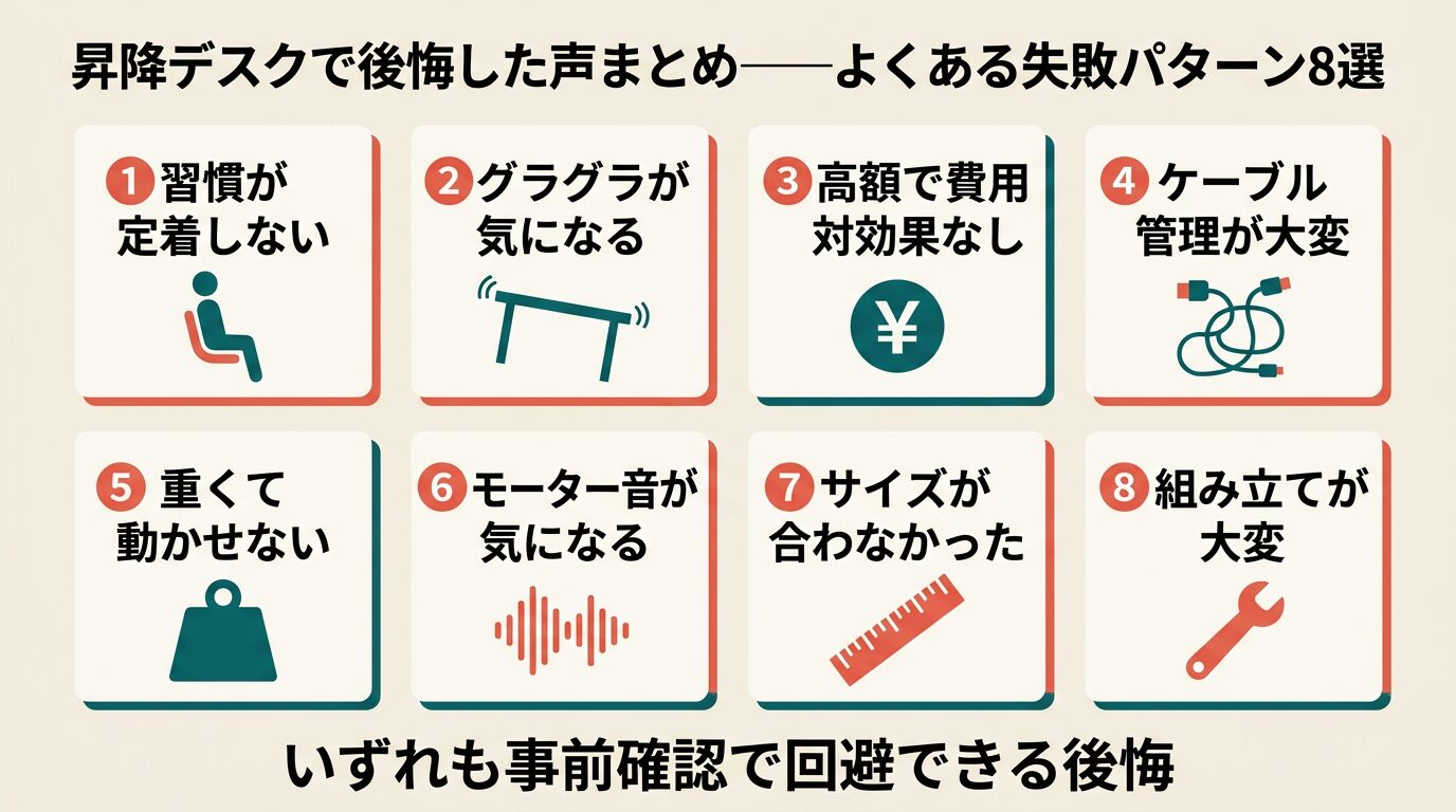 昇降デスクで後悔しやすい8つのパターン|使わなくなった・グラグラ・音・サイズの問題