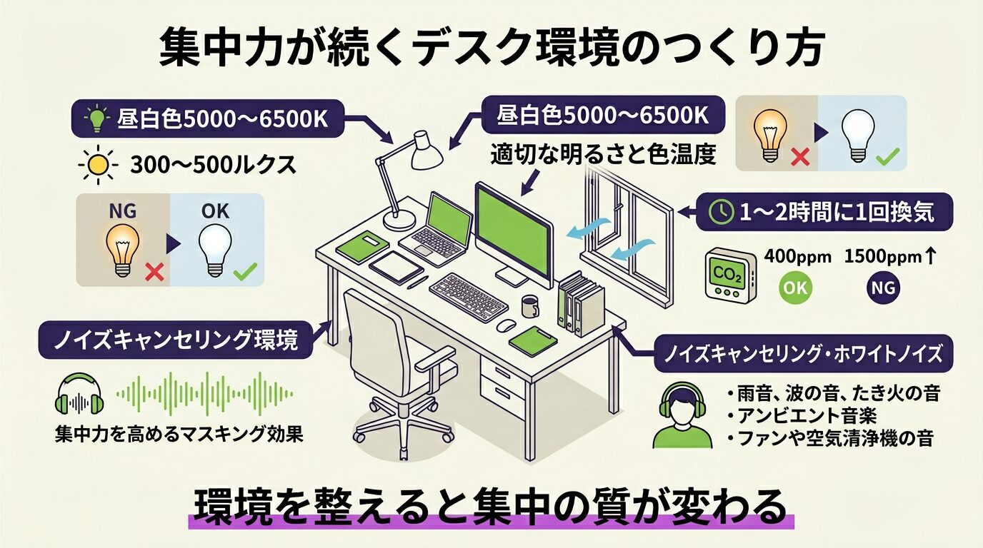 集中力が続くデスク環境のつくり方|照明の色温度・換気とCO2管理・ノイズキャンセリング対策の図解