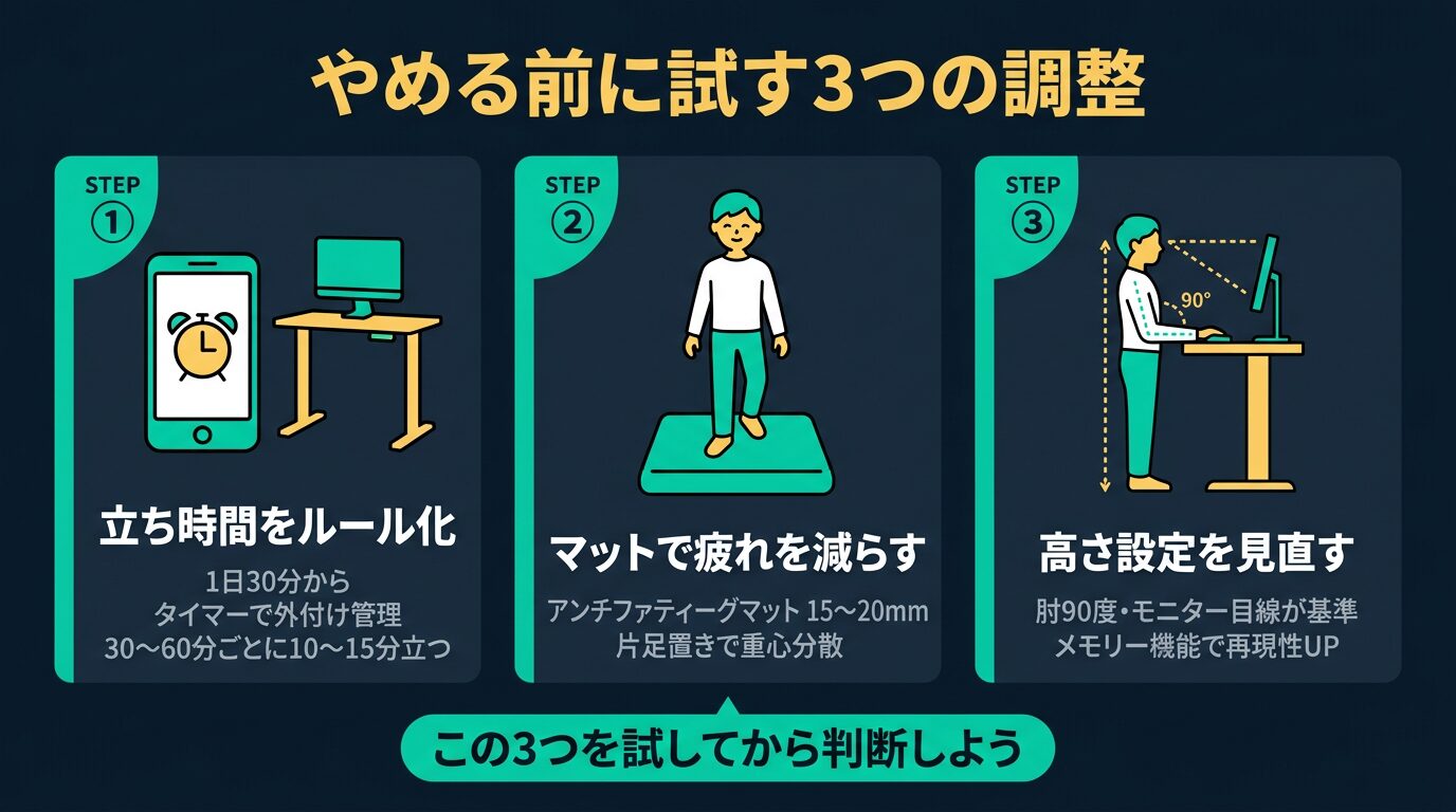 スタンディングデスクをやめる前に試す3つの調整—立ち時間のルール化・マット・高さ設定