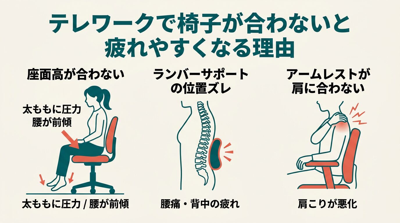 椅子が合わないと疲れやすくなる理由—座面高・ランバーサポート・アームレスト位置