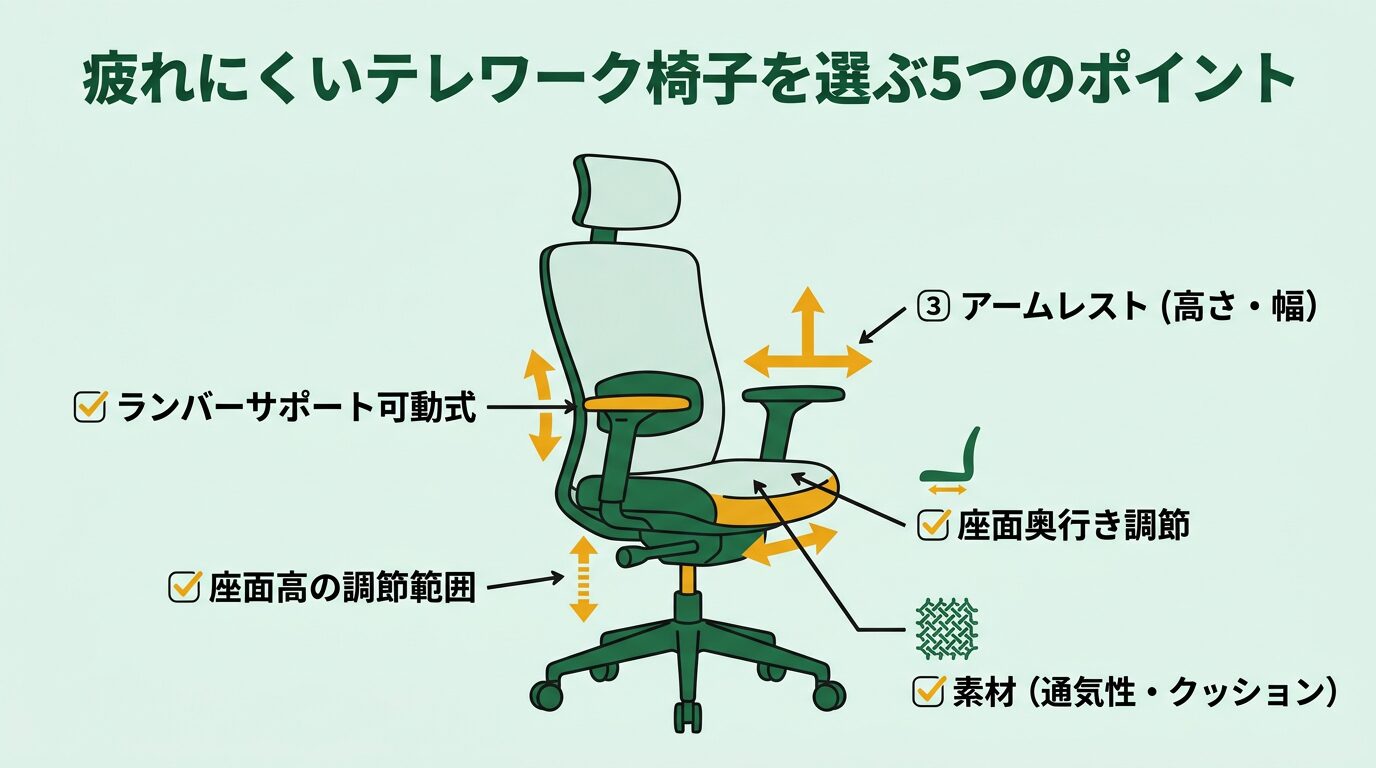 疲れにくいテレワーク椅子を選ぶ5つのポイント—座面高・ランバー・アームレスト・素材・サイズ