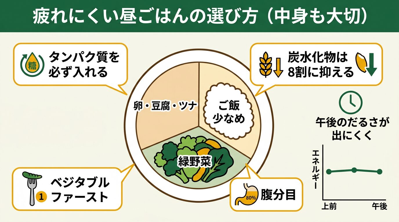 テレワーク昼ごはんで午後のだるさを減らす食事の選び方—タンパク質・血糖値スパイク対策