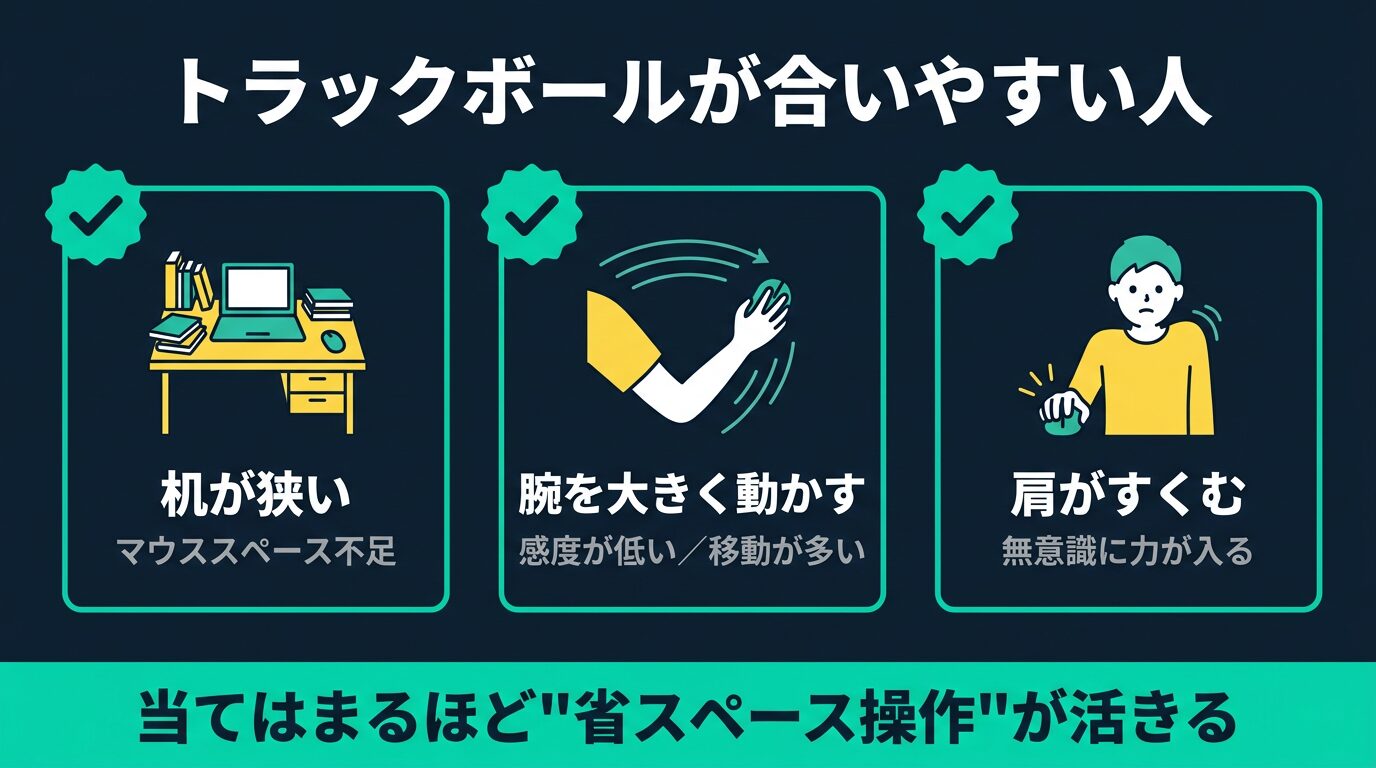 トラックボールが肩こりに合いやすい人：机が狭い・腕の移動が多い・肩がすくむ
