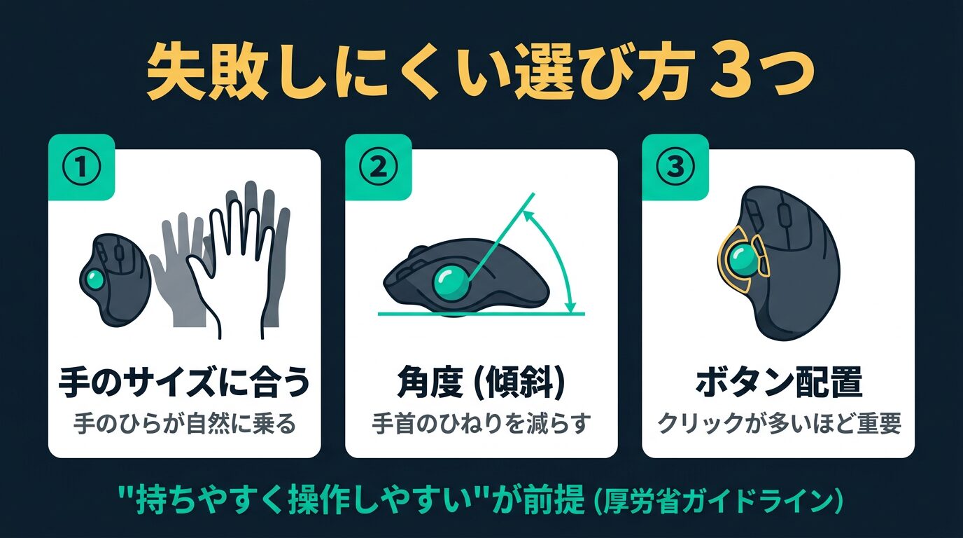 トラックボールの選び方：手のサイズ・角度・ボタン配置で肩こり負担が変わる