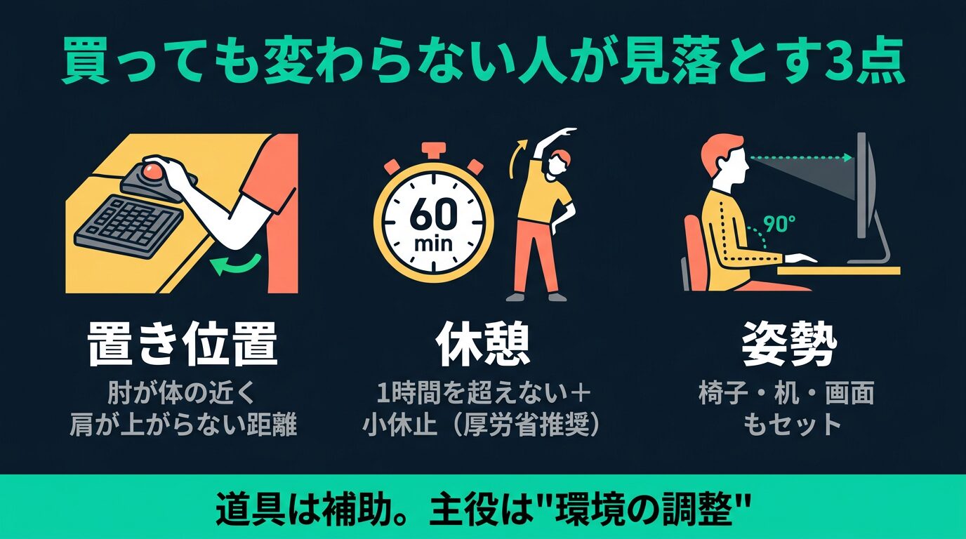 トラックボールの使い方：置き位置・休憩・姿勢を整えると肩こり負担が減りやすい