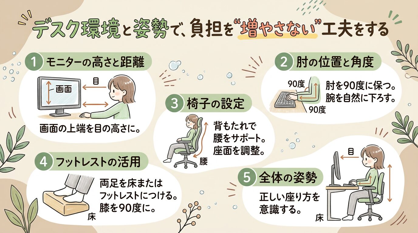 デスク環境と姿勢で、負担を増やさない工夫をする