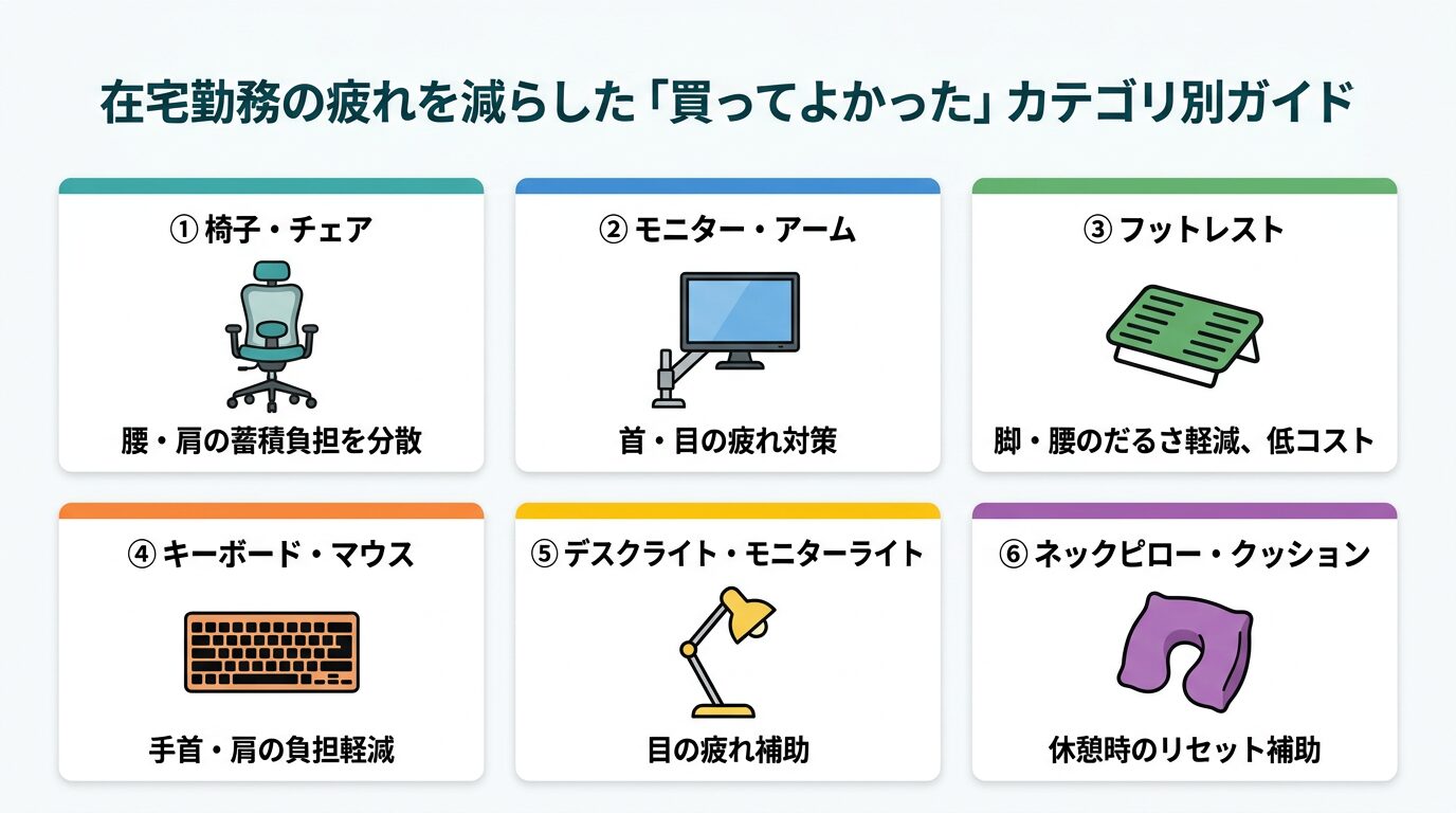 在宅勤務で買ってよかったアイテムのカテゴリ—椅子・モニターアーム・フットレスト・照明・周辺機器
