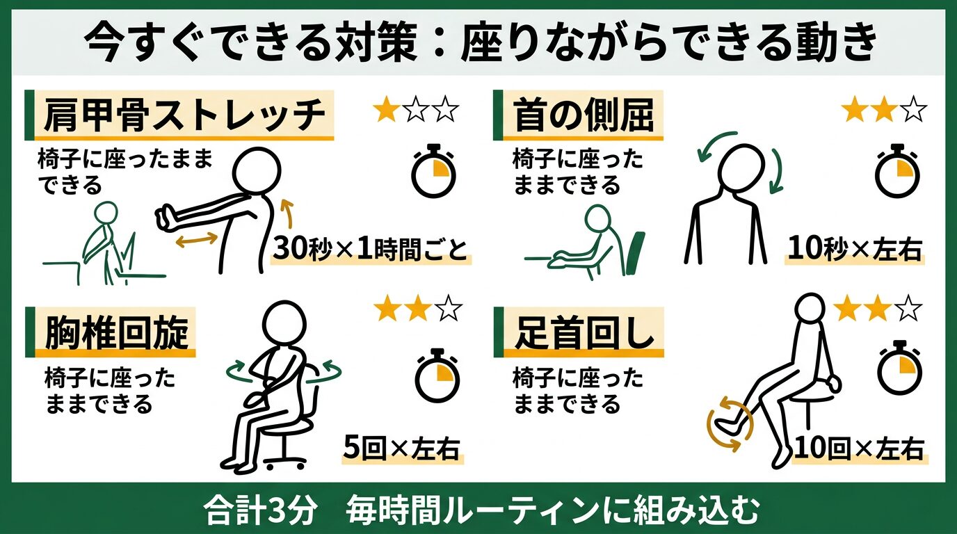 デスクで座りながらできるストレッチの例