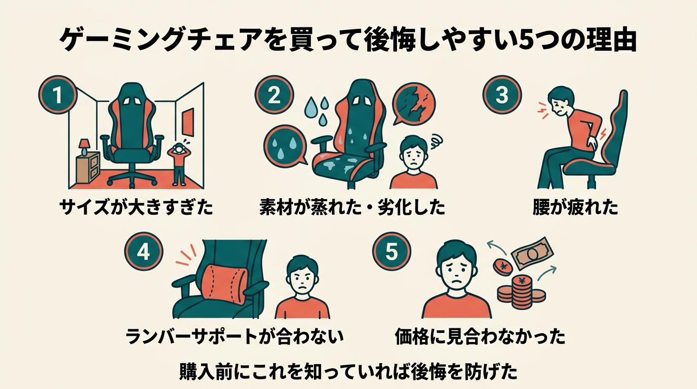 ゲーミングチェア後悔しやすい5つの理由を図解｜サイズ・素材・姿勢・コスパ・用途