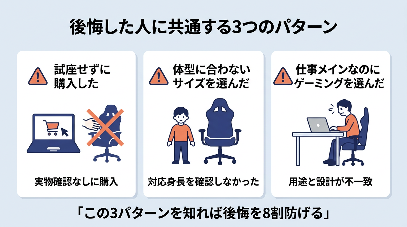 ゲーミングチェア後悔した人のパターン｜試座なし・サイズ未確認・用途不一致