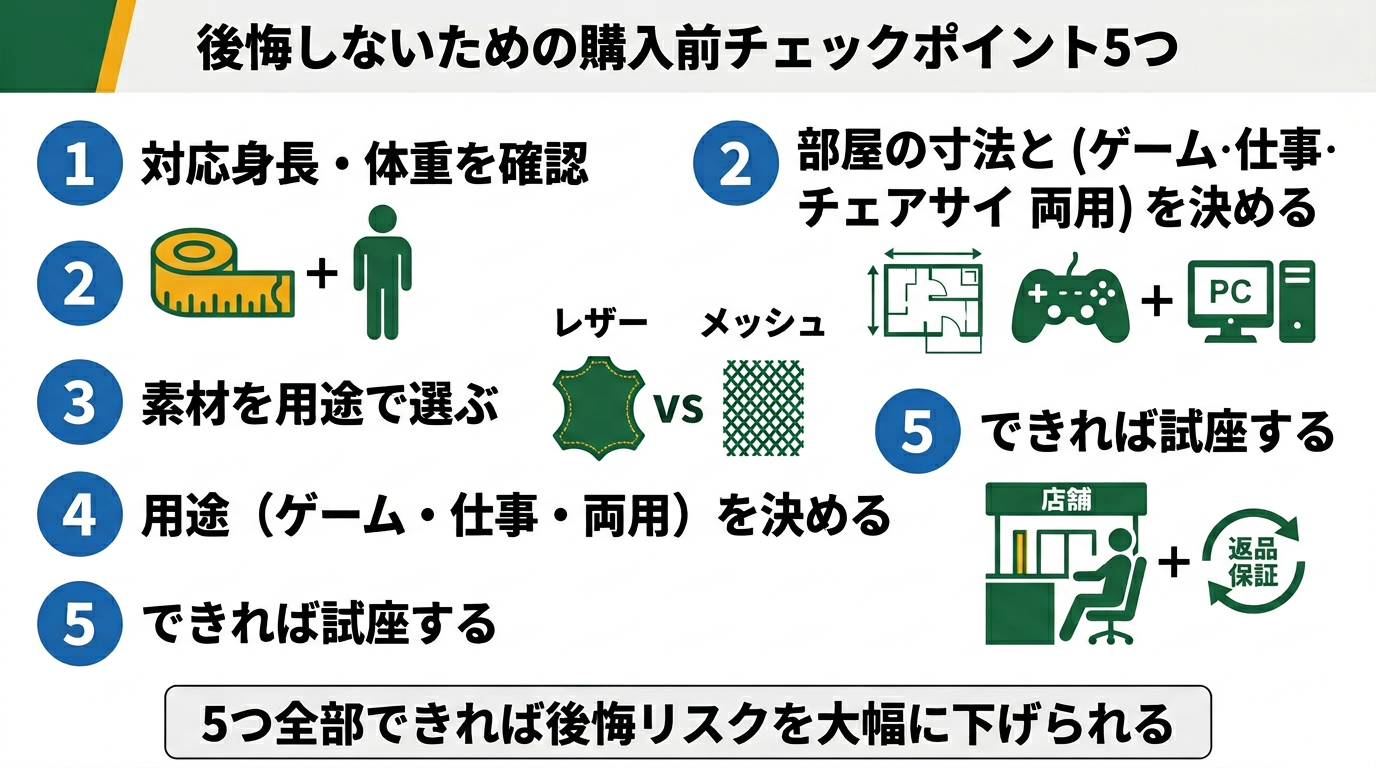 ゲーミングチェア後悔しない購入前チェックポイント5つ｜試座・サイズ・素材・用途・予算