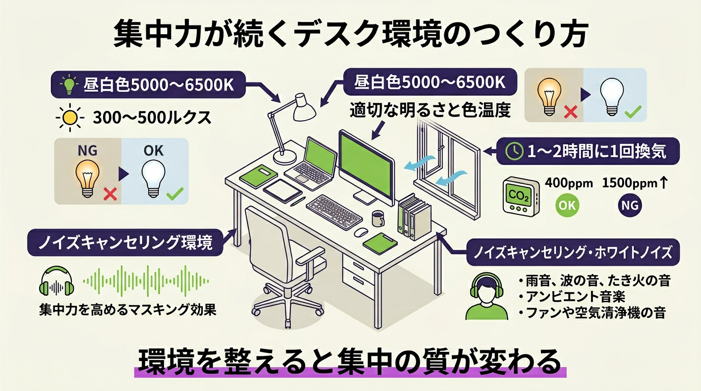 集中力が続くデスク環境のつくり方｜照明の色温度・換気とCO2管理・ノイズキャンセリング対策の図解
