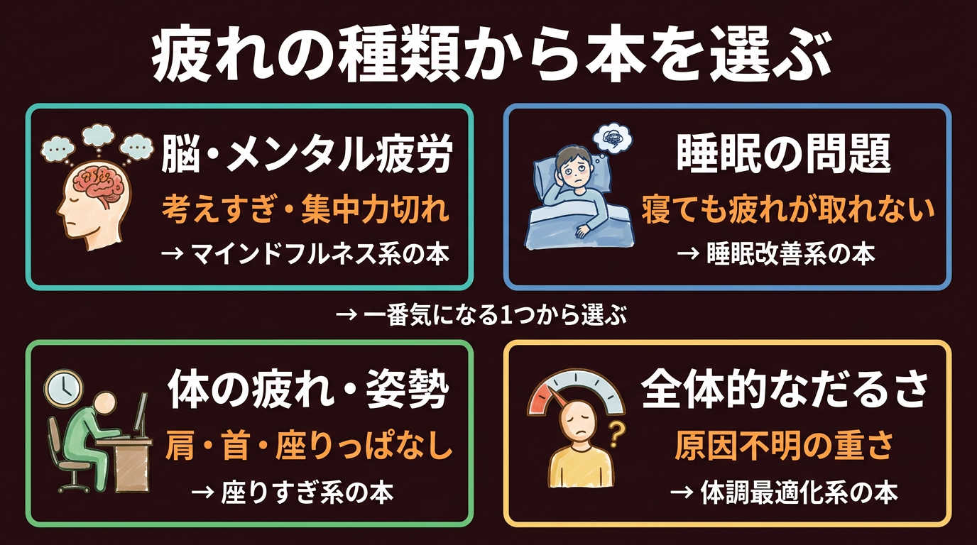 疲れのカテゴリ別—脳疲労・睡眠・座りすぎ・体調整え方の4分類