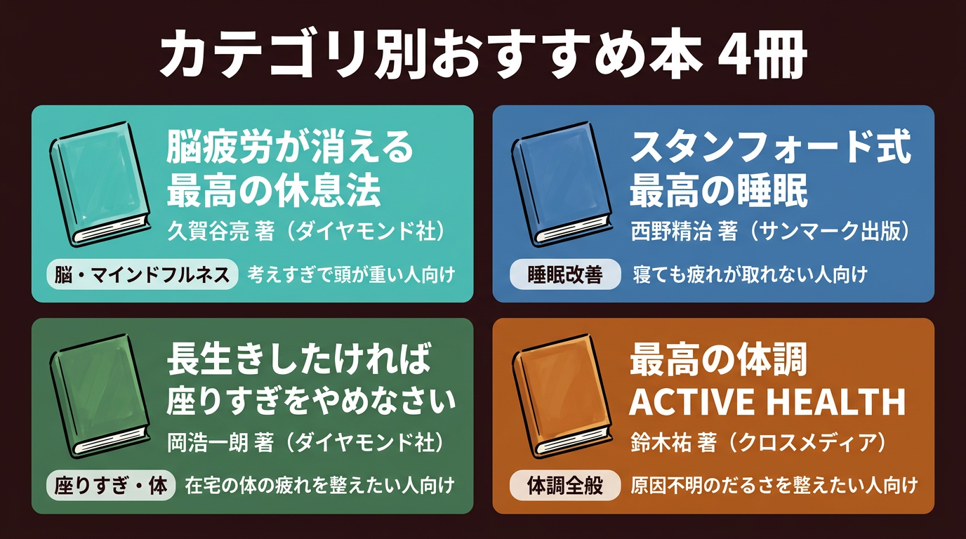 疲れにおすすめ本4冊—脳疲労・睡眠・座りすぎ・体調の各カテゴリ