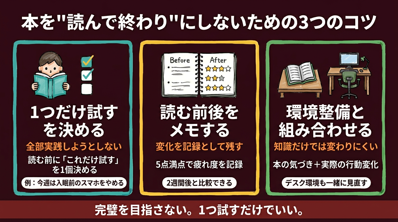 疲れの本を読んで終わりにしない使い方—1つ試す・記録する・組み合わせる