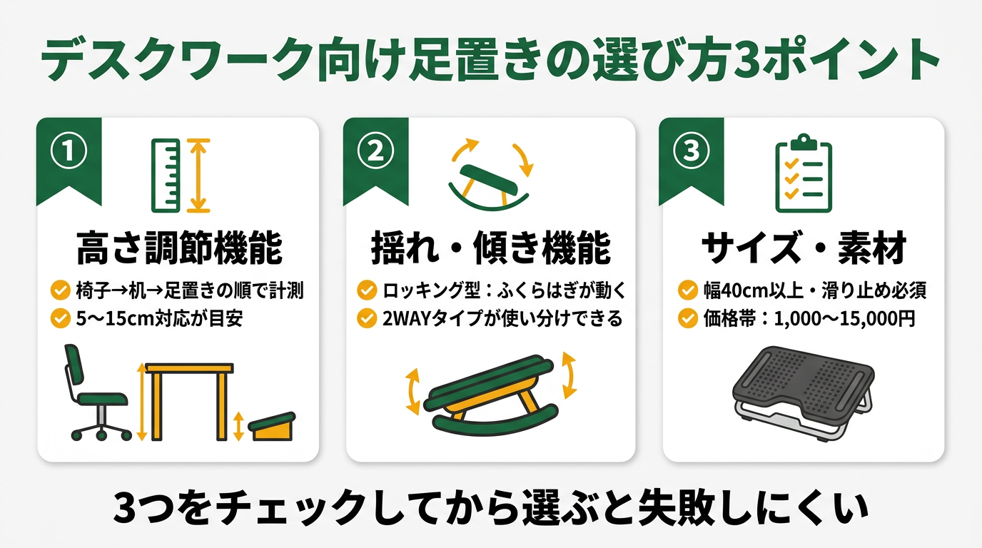 デスクワーク向け足置き選び方3ポイント｜高さ調節・揺れ機能・素材サイズの比較図