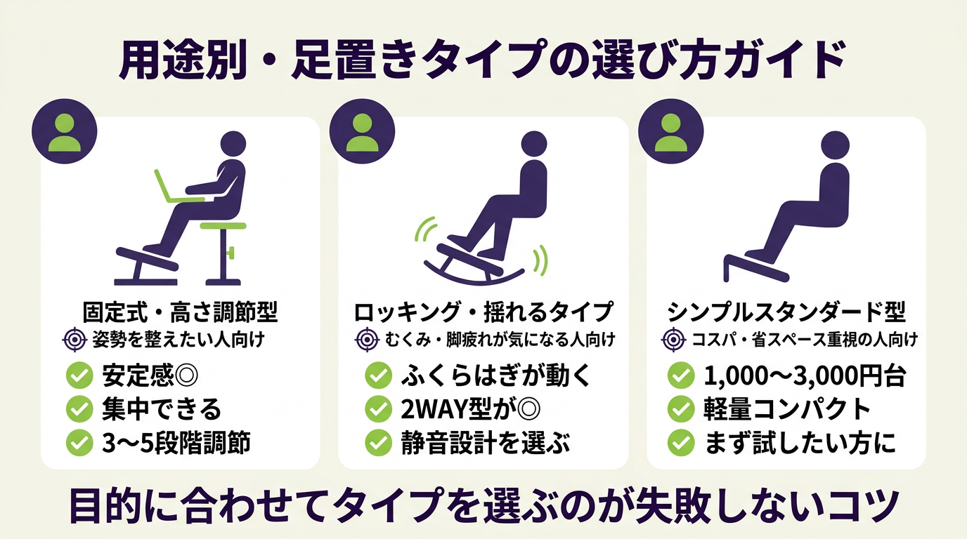 デスクワーク足置きタイプ別ガイド｜固定式・ロッキング型・シンプル型の用途比較