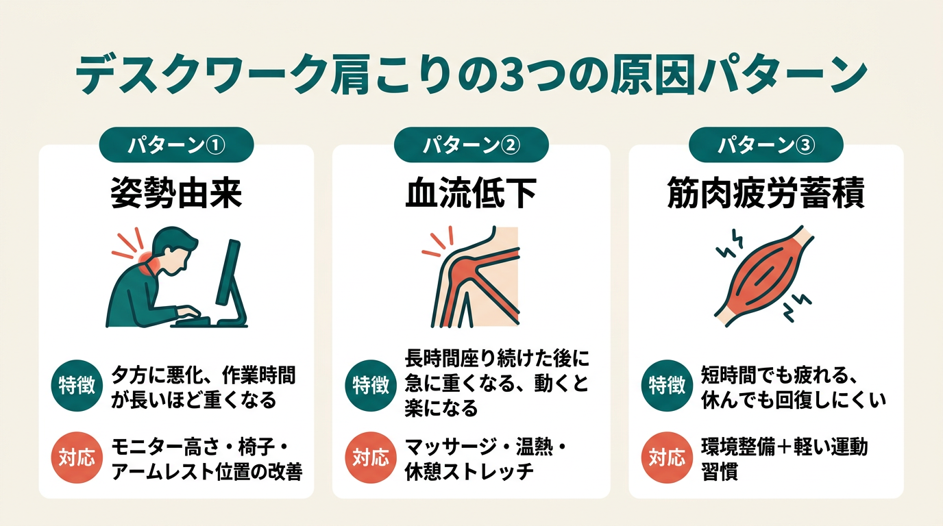 デスクワーク肩こりの3つの原因、姿勢・血流・筋肉疲労と対応するグッズカテゴリ