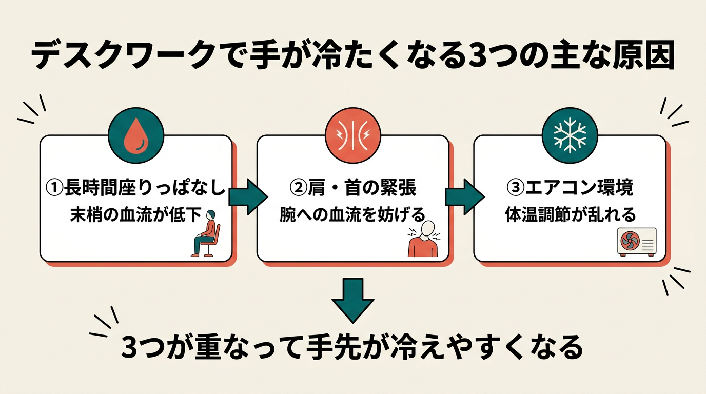 デスクワーク中の手の冷えの3つの原因図解｜血流低下・肩首の緊張・エアコン環境