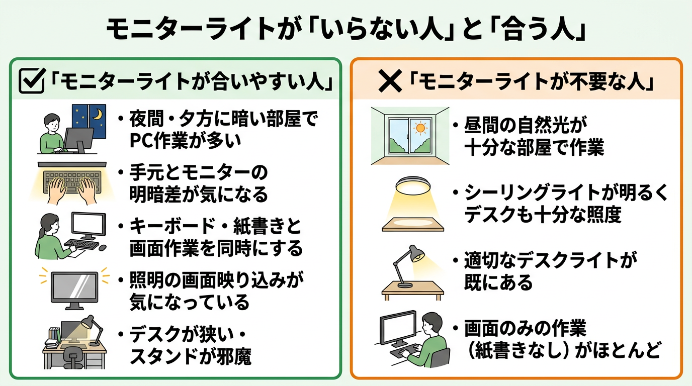 モニターライトが合う人・いらない人の条件、環境・作業スタイル別判断ガイド