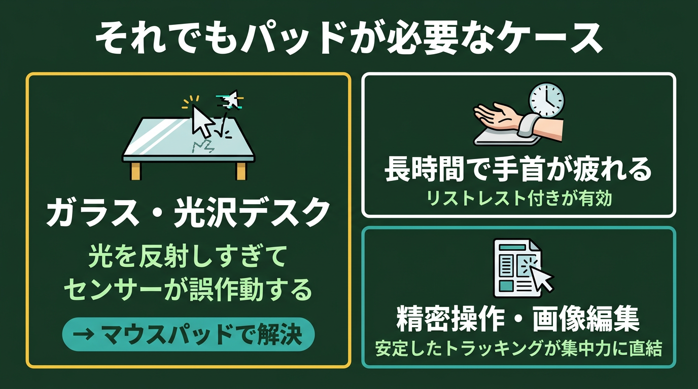 マウスパッドが必要なケース（デスク素材・手首の負担・作業精度の3つの判断軸）