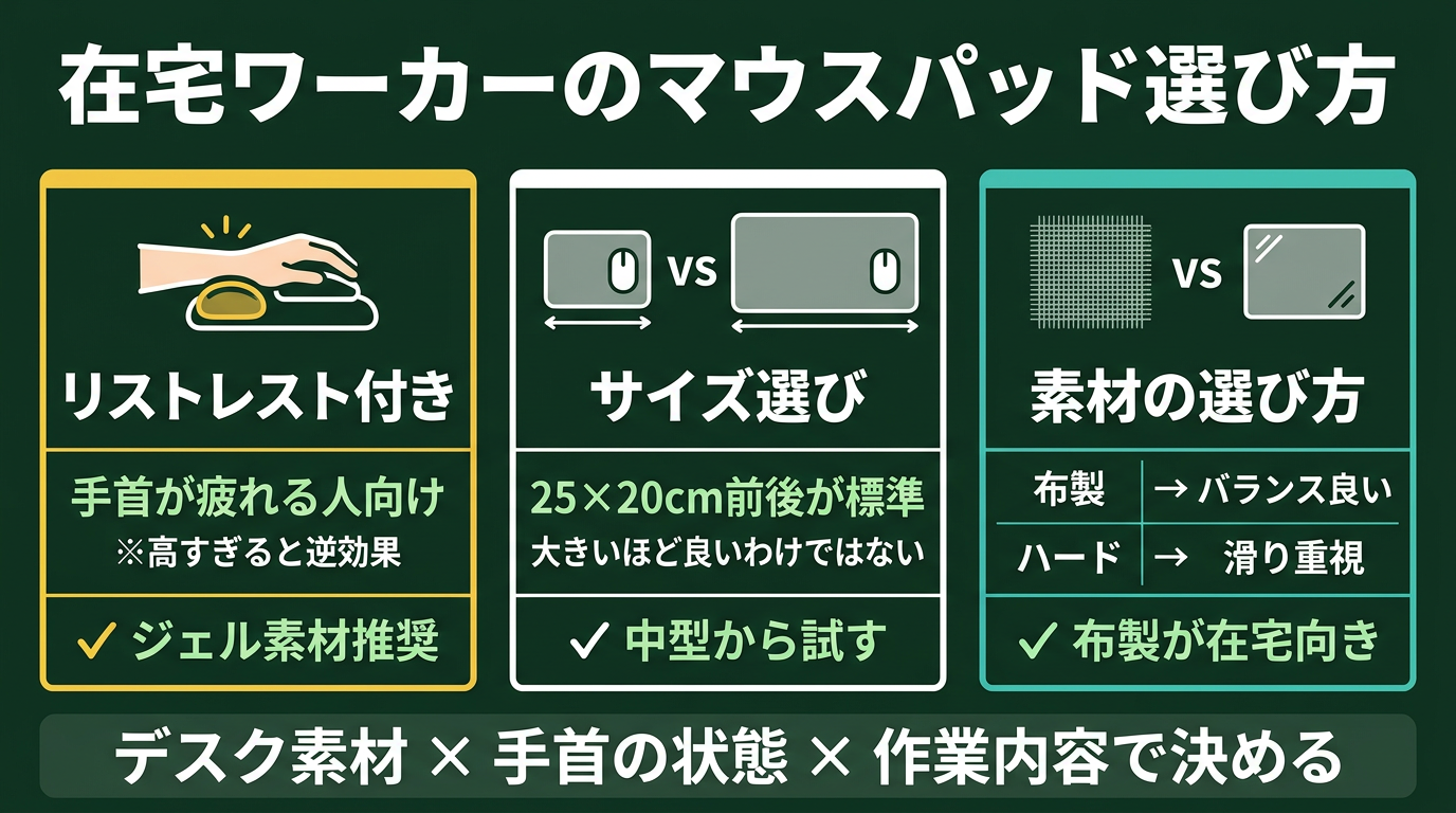 在宅ワーカーのためのマウスパッド選び方（リストレスト・サイズ・素材の比較）