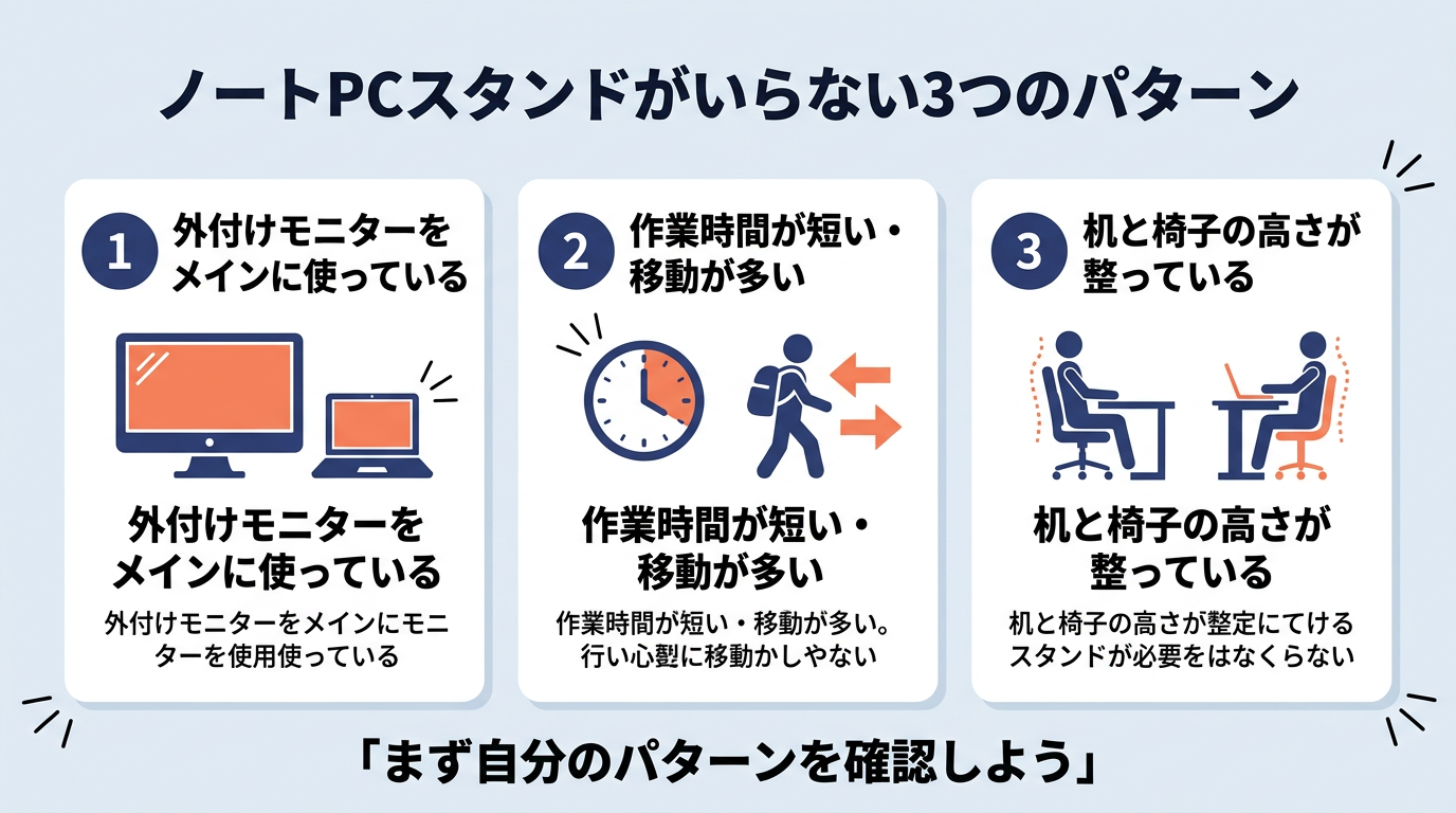 ノートパソコンスタンドいらないパターン|スタンドが不要になるケース3つを図解