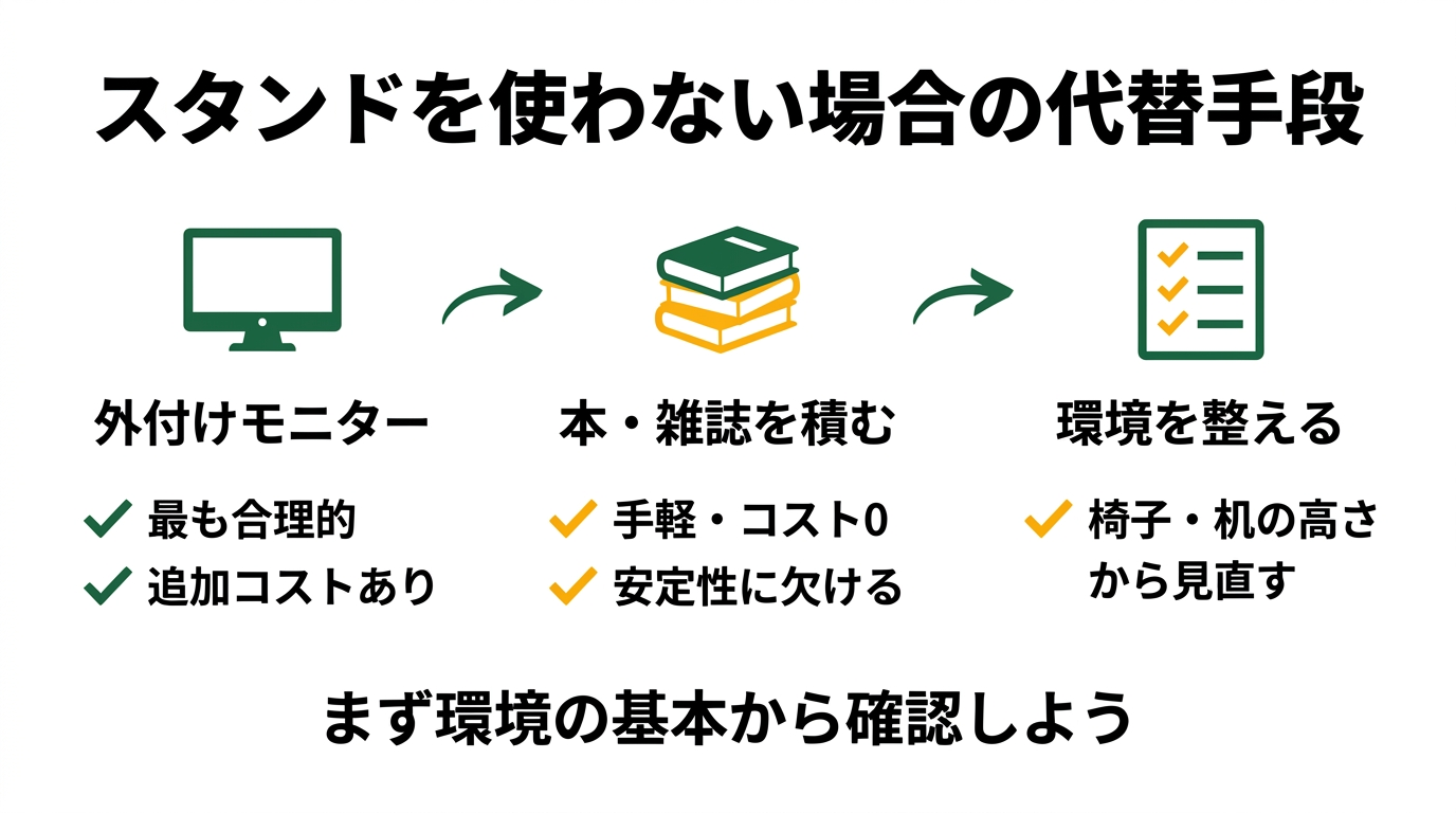 ノートPCスタンドの代替手段|外付けモニター・本積みの比較と注意点
