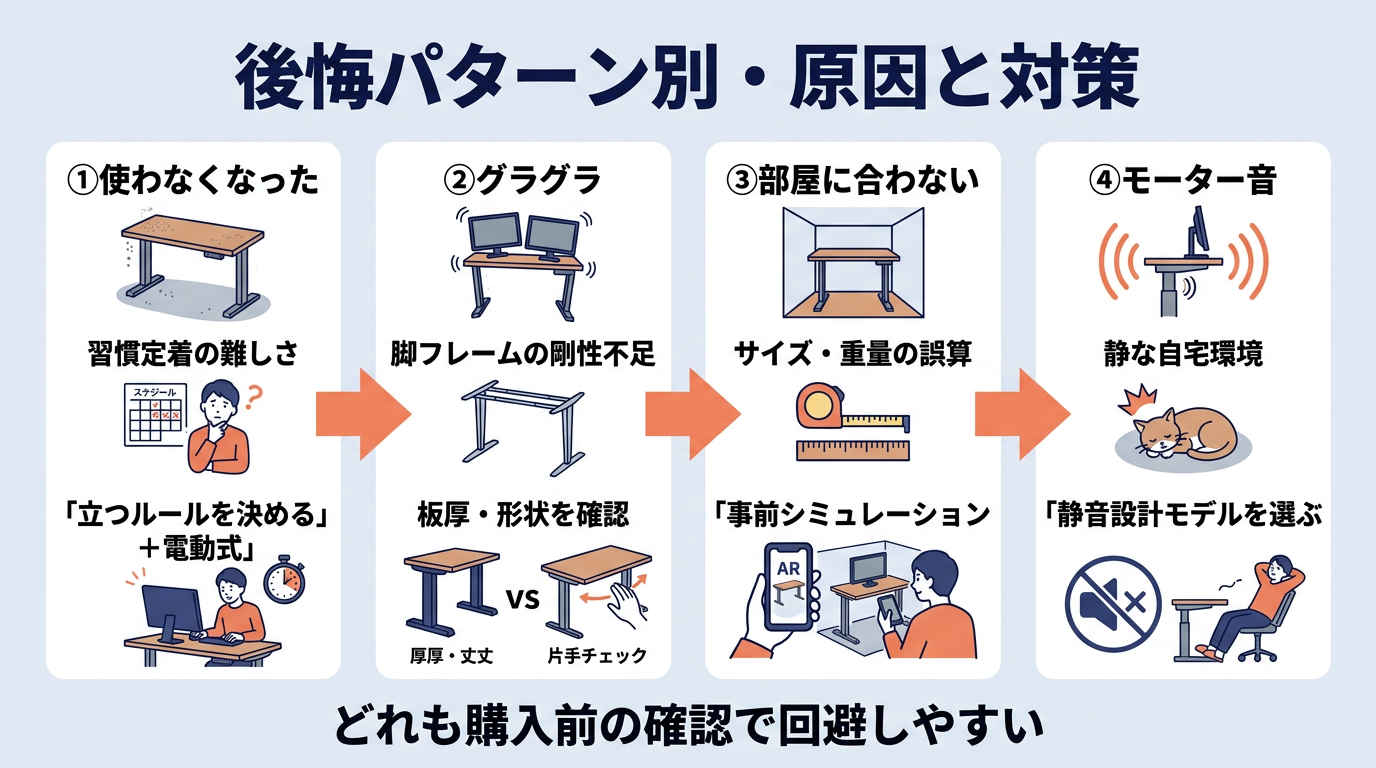 昇降デスクで後悔するパターン別の原因と対策｜習慣・安定性・サイズ・音の4分類