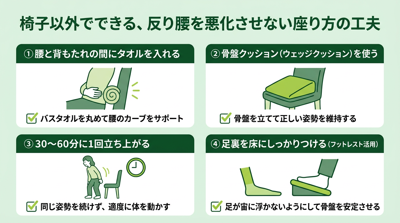 椅子以外でできる反り腰を悪化させない座り方の工夫、タオル・骨盤クッション・定期休憩