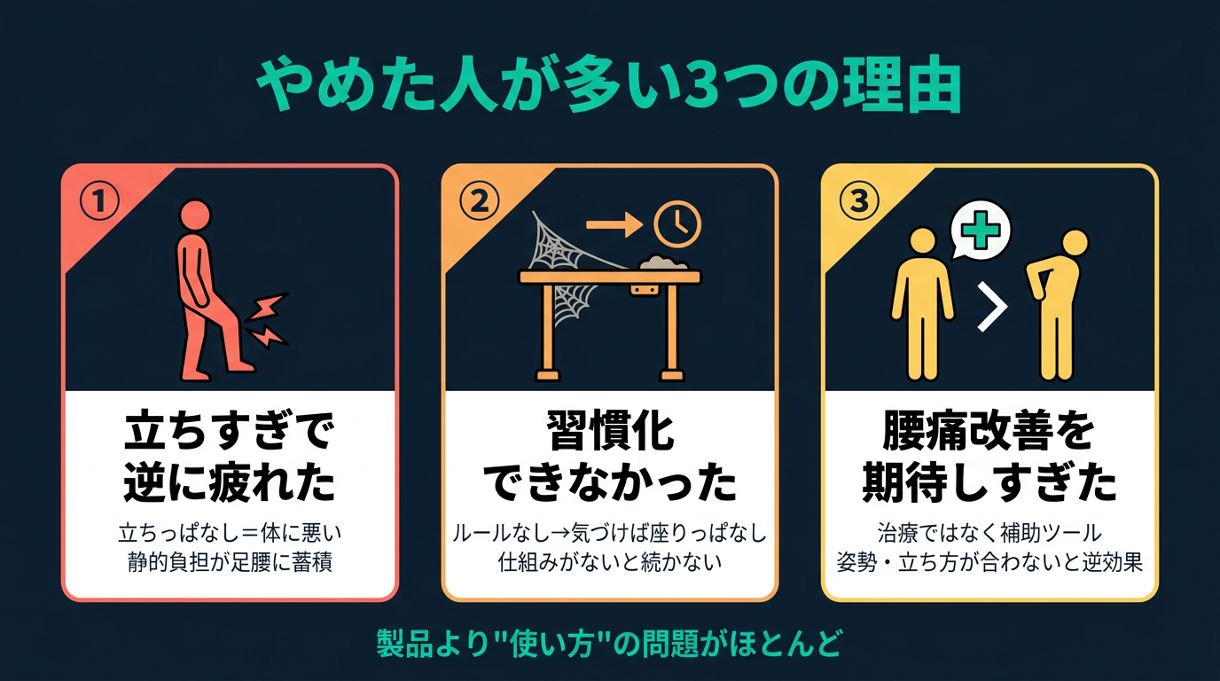 スタンディングデスクをやめた人が多い3つの理由(疲れ・習慣化・腰痛への期待と実感のずれ)