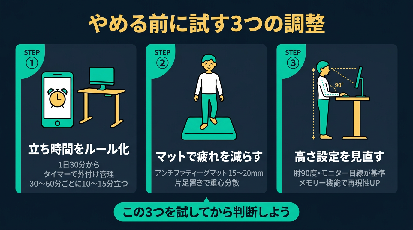 スタンディングデスクをやめる前に試す3つの調整、立ち時間のルール化・マット・高さ設定