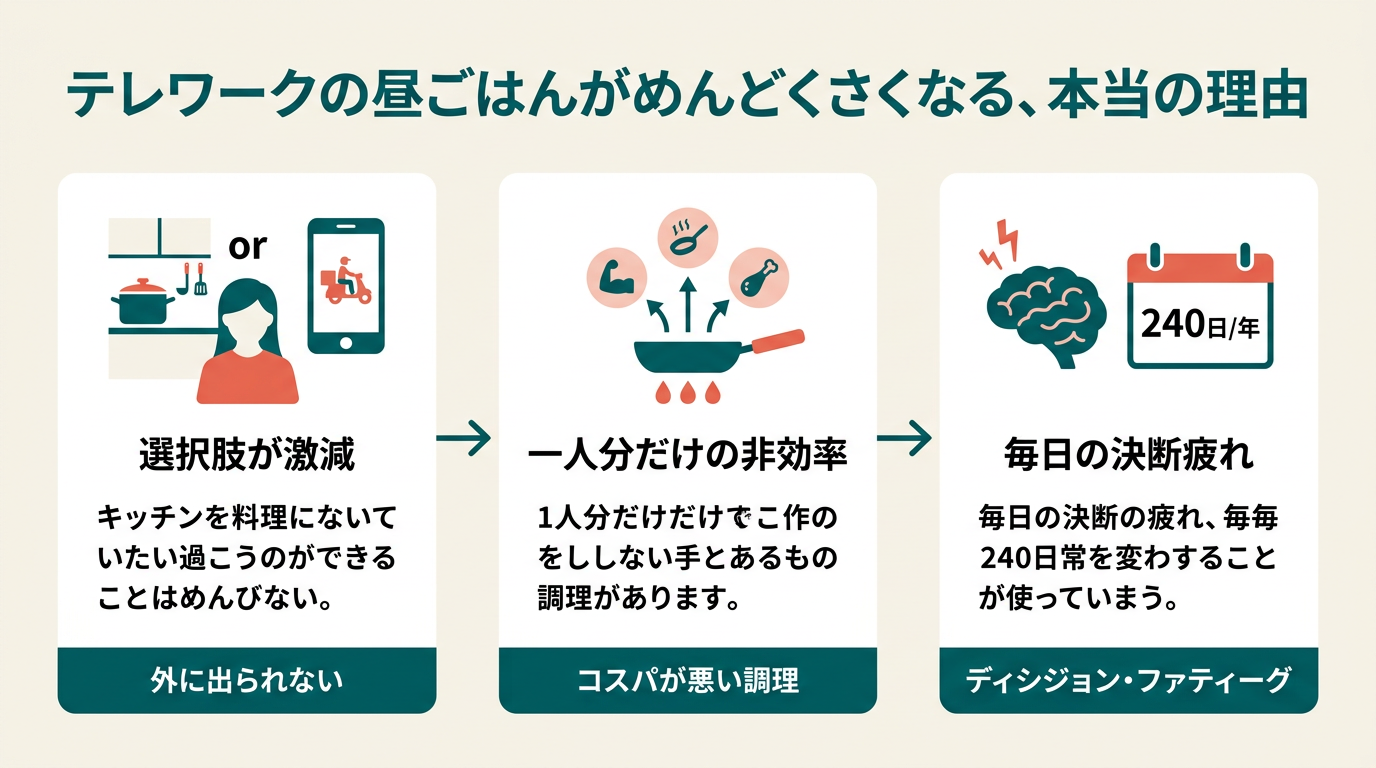 テレワークで昼ごはんがめんどくさくなる理由、一人分・毎日・外出なしの3重構造