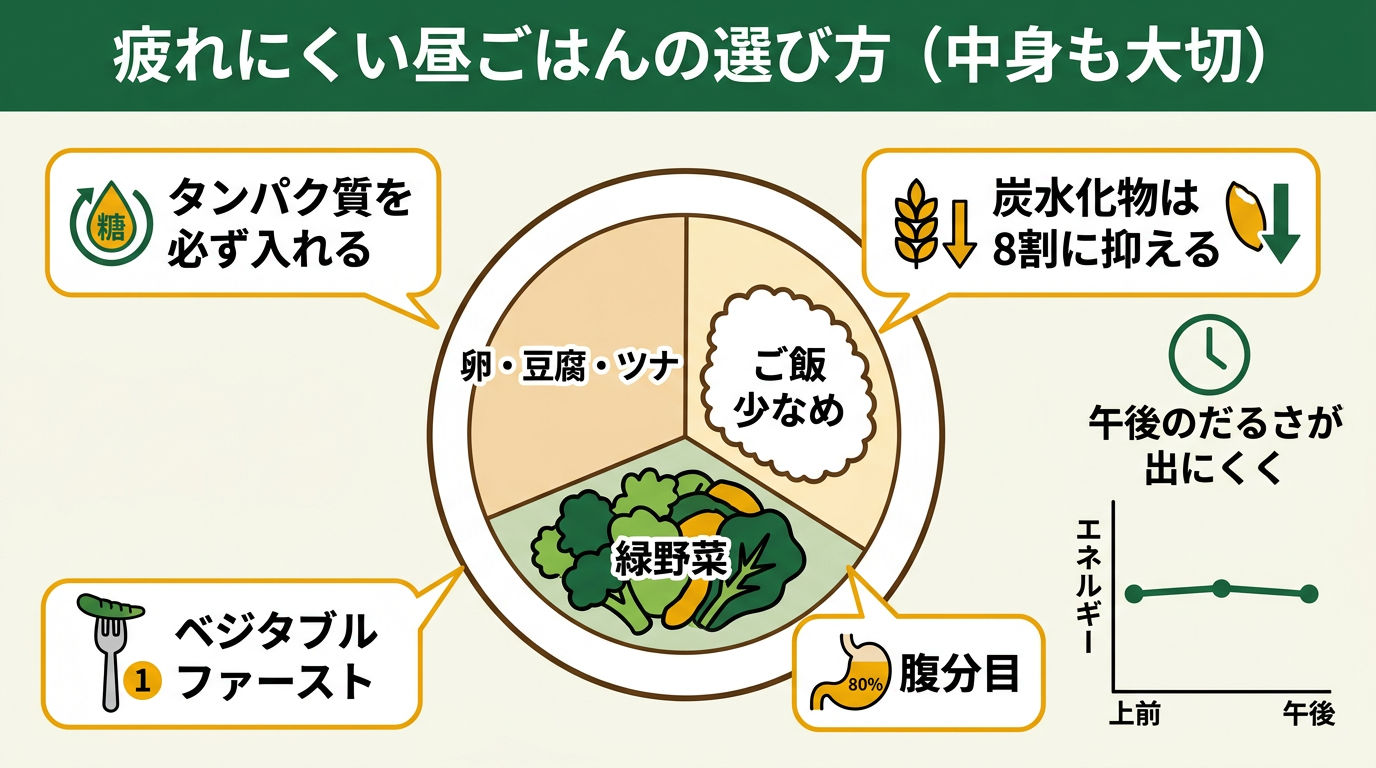 テレワーク昼ごはんで午後のだるさを減らす食事の選び方、タンパク質・血糖値スパイク対策