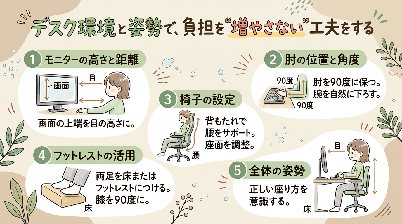 デスク環境と姿勢で、負担を増やさない工夫をする